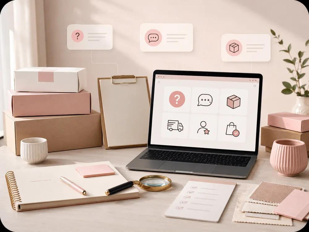 FAQ support workspace with laptop, question cards, packaging samples, checklist, and sourcing notes