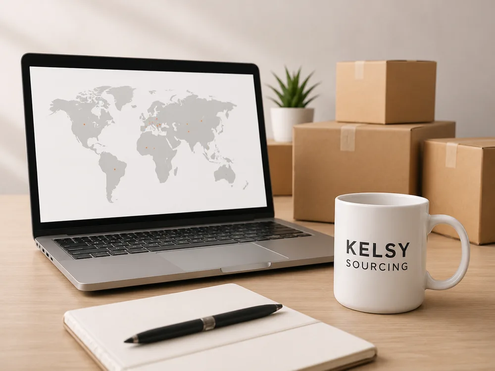 Laptop with world map, shipping boxes, notebook, and Kelsy Sourcing mug representing China sourcing support