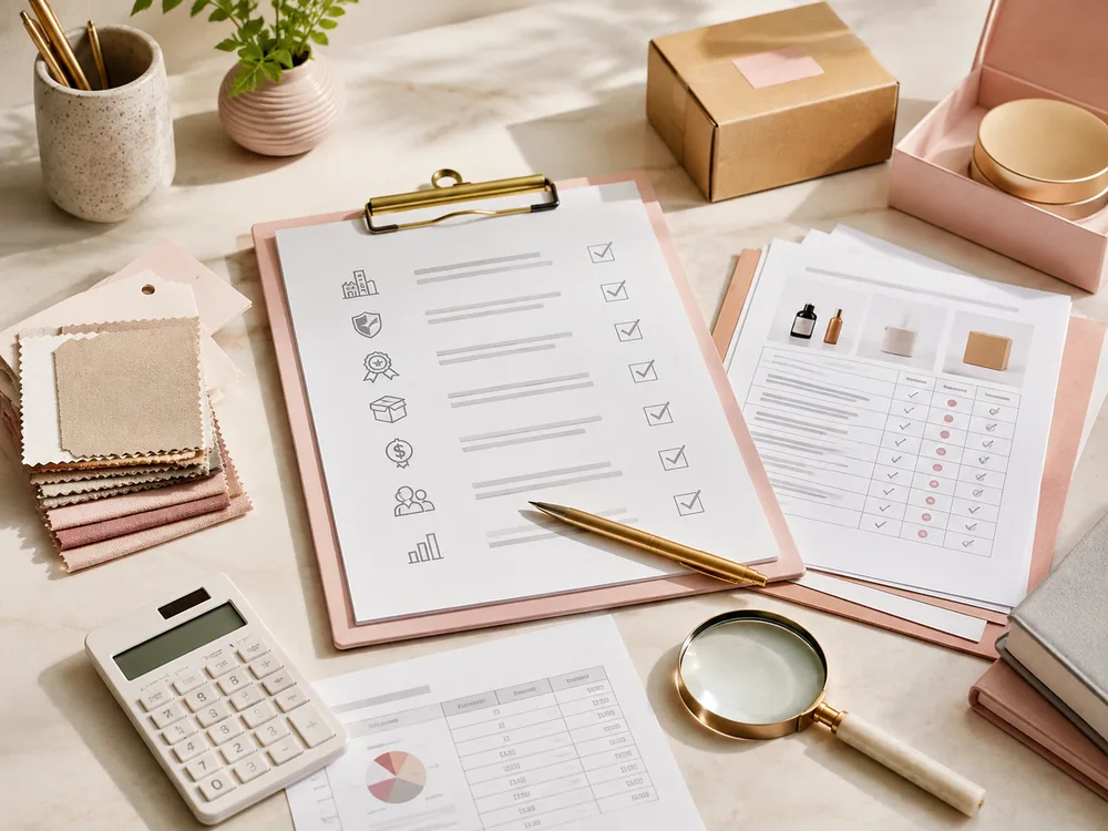 Supplier evaluation checklist with sourcing documents, product samples, packaging box, calculator, and magnifying glass