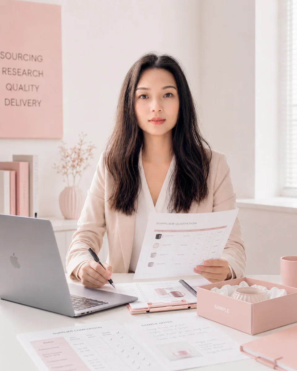 Kelsy reviewing sourcing details and supplier quotations
