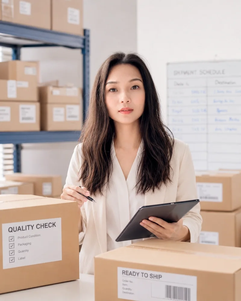 Kelsy reviewing quality and shipping details beside cartons
