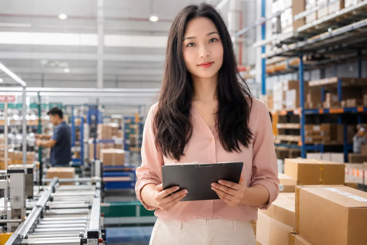Kelsy reviewing factory audit details in a warehouse