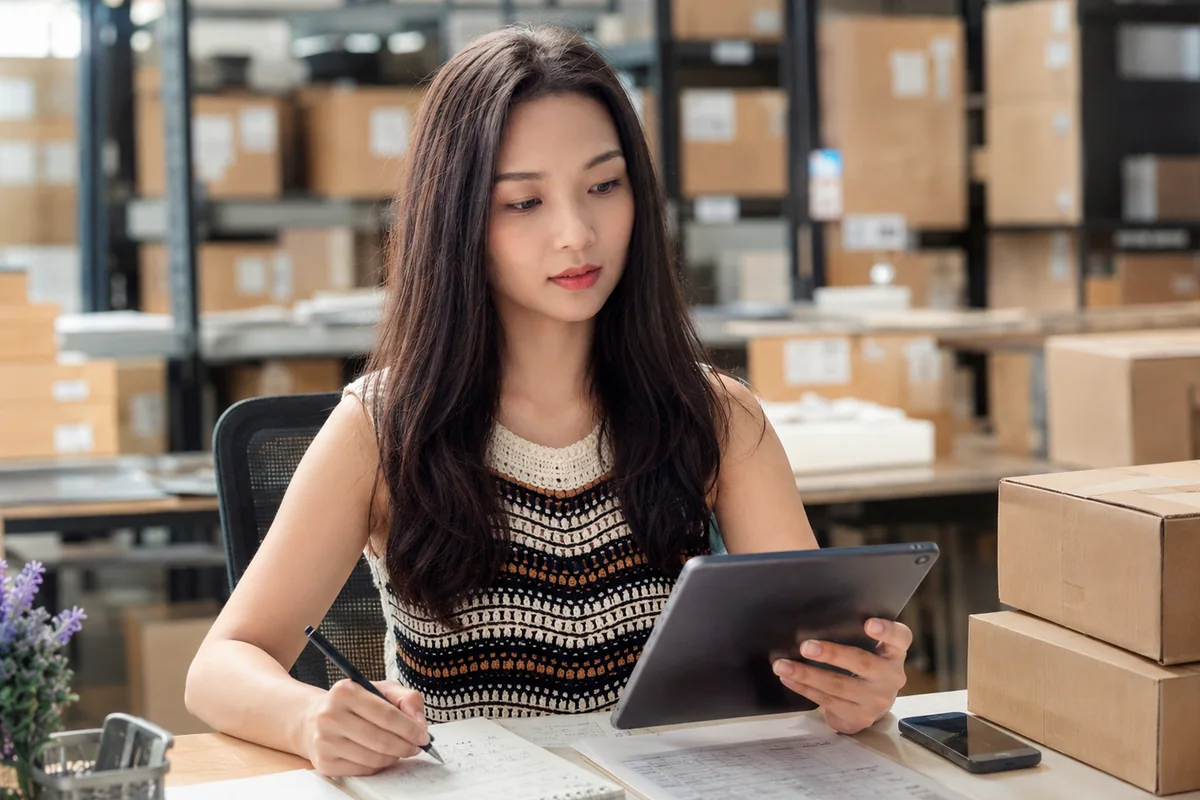 Kelsy reviewing product specifications and packaging requirements