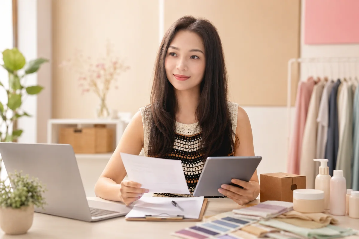 Kelsy reviewing buyer sourcing needs and product details
